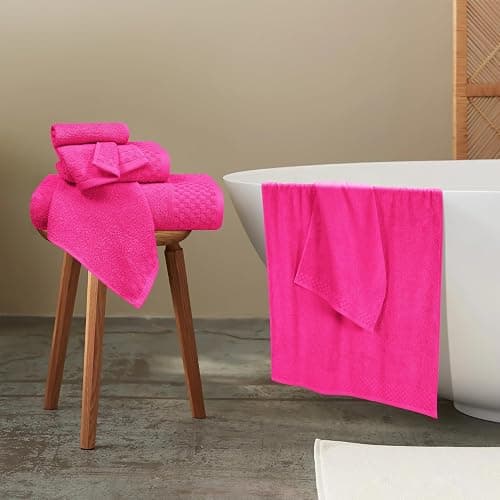 MyOwn Premium Cotton 6 Pack Towel Set for Bathroom, Contains 2 Bath Towels 28x55 inch, 2 Hand Towels 16x24 inch & 2 Wash Coths 12x12 inch, Ideal Everyday use, Compact & Lightweight - Hot Pink thumbnail 5