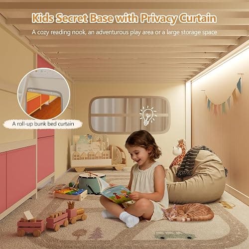 DICTAC Low Loft Bed with Desk and 6 Storage Drawers Twin Loft Bed with Bookshelf,LED Lights & Under-Bed Play Space,Kids Twin Beds with 13.8''H Safety Guardrail,Inclined Ladder&Play Curtain,Pink+White thumbnail 7