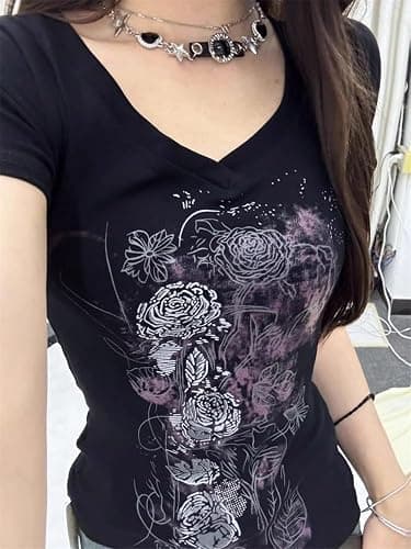 Grunge Shirts Emo Clothes Teen Girls Vintage Graphic Tee Y2k 2000s Goth Top Women Mcbling Short Sleeve Streetwear thumbnail 2
