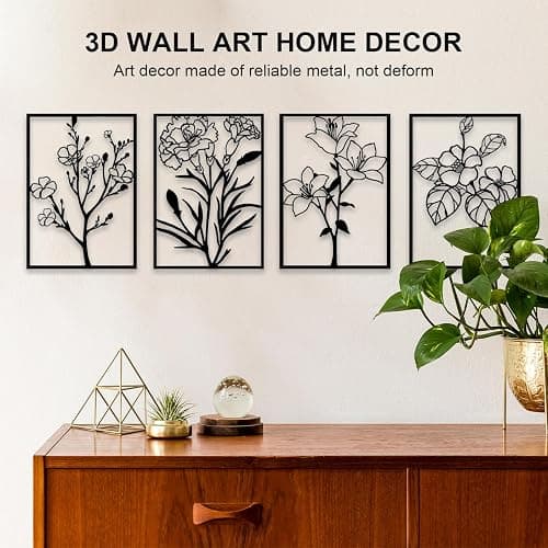 ZNZAPO 4 Pcs Black Metal Flower Wall Art, Abstract Line Art Wall Decor, Minimalist Floral Wall Hanging Art, 3d Wall Art Sculptures Decor for Living Room Bedroom Bathroom (11 × 15.7”) thumbnail 5