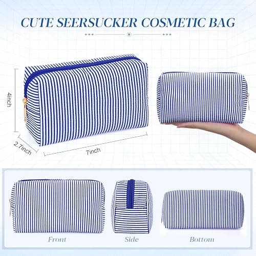 Sanwuta 6 Pcs Seersucker Cosmetic Bags Bulk Seersucker Makeup Bags Stripe Women Pouch Large Preppy Storage Pouch Toiletry Travel for Wedding Bridesmaid Bride Favor Back to Teacher Gift (Navy Blue) thumbnail 3