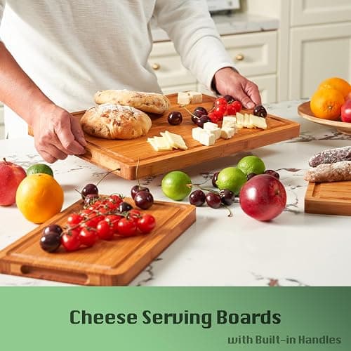 Bamboo Wood Cutting Board for Kitchen, 1" Thick Butcher Block, Cheese Charcuterie Board, with Side Handles and Juice Grooves, 16x11" thumbnail 2
