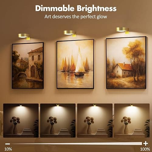 3Pcs Battery Operated Picture Light, Magnetic Led Painting Light with Remote Dimmable and Timer, 3 Lighting Modes Art Display Light for Picture Frame Paintings, Wireless Wall Decor Puck Lights, Gold thumbnail 3