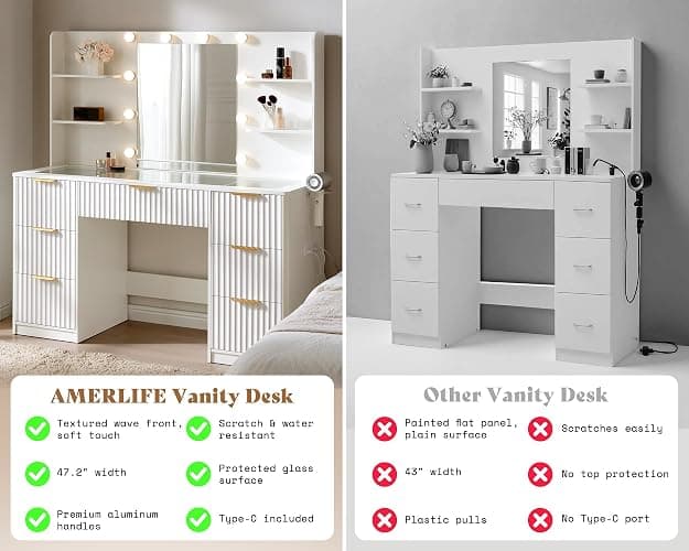 AMERLIFE 47.2" Fluted Vanity Desk with Mirror and Adjustable LED Lights, Large 7 Drawers Makeup Table with Glass Top and Charging Station for Women and Girls, Bedroom or Dorm, White thumbnail 4