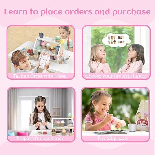 Wooden Ice Cream Set for Kids, 49 PCS Wooden Role Play Ice Cream Counter Shop Playset, Play Food Sets for Kids Kitchen, Pretend Play Toys, Imaginative Toys Gift for 3 4 5 Year Old Girls Boys thumbnail 4
