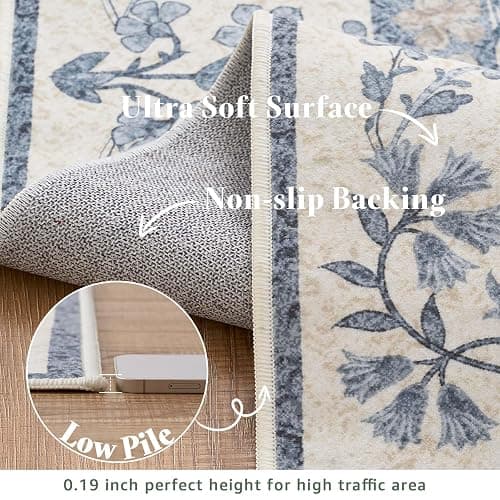 jinchan 8x10 Washable Living Room Area Rug, Vintage Floral, Blue/Cream | Soft Non-Slip Low-Pile, Botanical Aesthetic Throw Carpet for Bedroom Dining Room Nursery thumbnail 7
