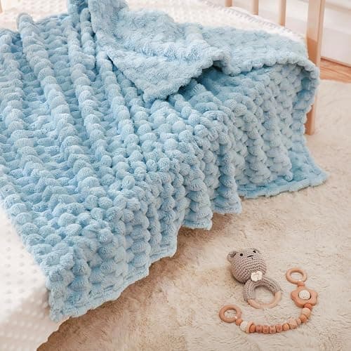 HOMRITAR Baby Blanket for Boys or Girls 3D Jacquard Fluffy Fuzzy Soft Warm Cozy Flannel Fleece Warm Blanket for Nursery, Stroller Toddler Bedding (30 x 40 Inch, Blue) thumbnail 6