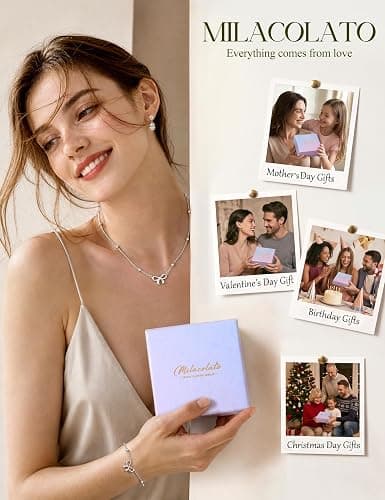MILACOLATO Jewellery Set for Women Gold Silver Necklace and Bracelet Set | 14K Gold Plated Hypoallergenic Chorker Necklace Link Chain with Bow CZ Four Leaf Clover Dainty Wedding Bride Jewelry Set thumbnail 7