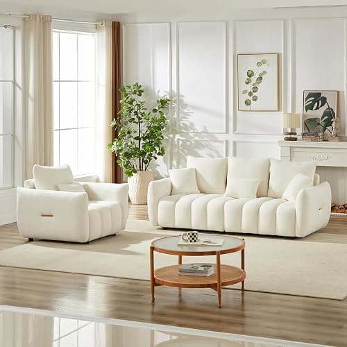 Wrofly Boucle Cloud Single Sofa Chair, Deep Seat with Pillow, Beige White | Deep-seat boucle chair with pillow, metal trim, sturdy frame (250lb), easy assembly. Great for living room thumbnail 8