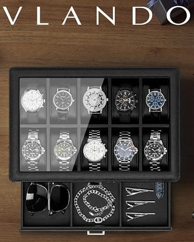 Vlando Watch Box 10 Slots, Lockable Watch Case with Textured Leather, 2 Layer Watch Holder for Rings, Glasses, Mens Jewelry Box with Glass Lid, Removable Divider, Gifts for Father, Husband, Black thumbnail 7