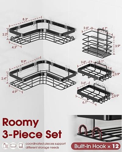 Sakugi Corner Shower Caddy - 5-Pack Shower Organizer with Soap Holder & Toothbrush Holder, Rustproof Metal Shower Shelves, Laundry, Kitchen, Bathroom Organizers and Storage Solution, Large, Black thumbnail 2