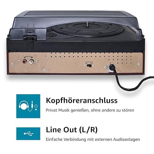 Karcher Plattenspieler mit eingebauten Stereo-Lautsprechern, Vinyl Schallplattenspieler, Line Out, Kopfhöreranschluss, 2 Geschwindigkeiten, Nostalgie Retro Turntable, KA 8050 silber thumbnail 7