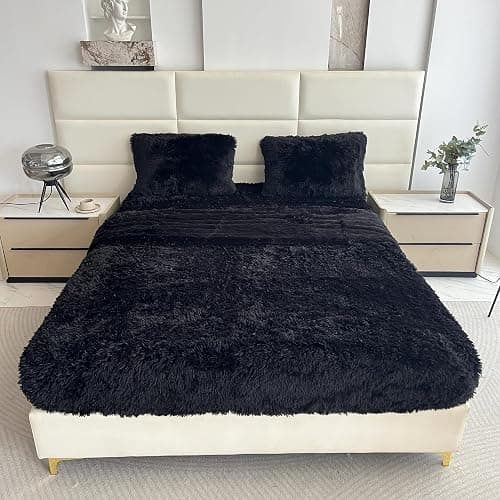 chovy Faux Fur Black Full Sheet Set with Extra Soft Plush Velvet Flannel Fluffy Fuzzy (Pillowcase x 2, Flat Sheet x 1, Fitted Sheet x 1) - Image 1