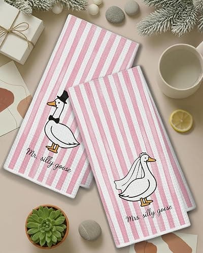 FGFK Mr and Mrs Goose Pink Striped Kitchen Towels 16x24 Inch, Wedding Gifts for Couples Newlyweds Dish Tea Towels for Kitchen Decor, Just Married Gifts Decorative Hand Towel for Bathroom, Set of 2 thumbnail 5