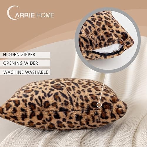 Soft Leopard Print Throw Pillow Covers 18x18 Set of 2, Cheetah Print Room Decor Faux Fur Fluffy Throw Pillows 18 x 18, Velvet Fuzzy Decorative Pillow Covers, Stockholm Style Room Decor for Women thumbnail 5