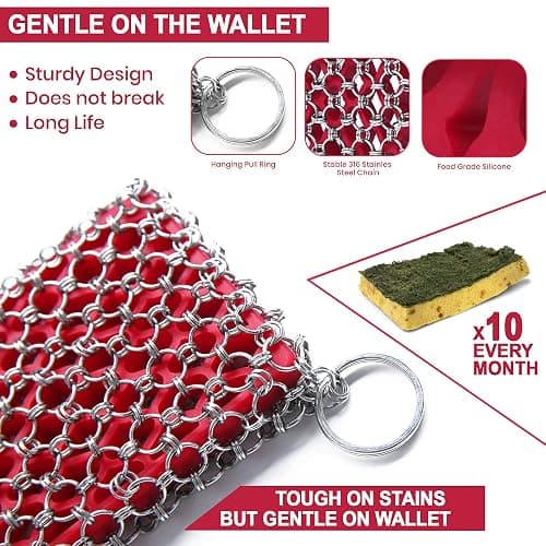 Cast Iron Scrubber Chainmail - 316L Cast Iron Cleaner Scrubber and Bamboo Cloth Set - Chain Mail Scrubber - Stainless Steel Chainmail Scrubber for Skillet, Pan, Dutch Oven - Essential Accessory thumbnail 3