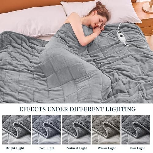 greenoak Heated Weighted Blanket for Adults - Sherpa Fleece Electric Throw Blanket (50”x60”, 13lbs, Light Gray) - Thick Soft Warming Plush Heating Blanket with 10 Heating Levels & 1-8 Hours Auto Off thumbnail 5