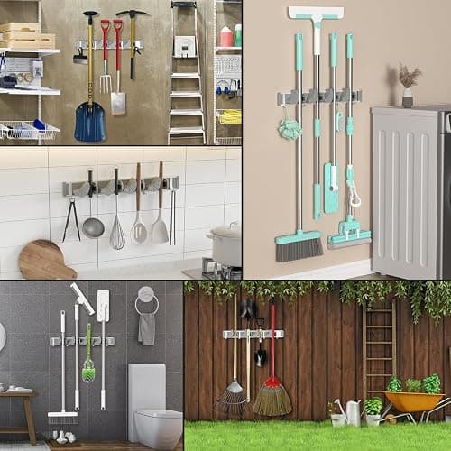 Holikme Mop Broom Holder Wall Mount Metal Pantry Organization and Storage Garden Kitchen Tool Organizer Wall Hanger for Home Goods (4 Positions with 4 Hooks, Silver) thumbnail 6