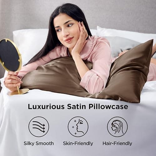 Brown Bedsure Satin Pillowcases, Similar to Silk Pillow Cases Queen Size Set of 2, Pillow Case for Sleeping Women with Envelope Closure, Gifts for Women Men, Brown, 20x30 Inches, 2pcs thumbnail 3