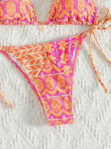 QJQ Women's 2 Piece Bikini Sets Floral Boho Halter Triangle Bathing Suit Tie Side Sexy Cheeky String Swimsuit thumbnail 4