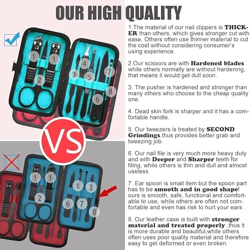 HANTEKAS Manicure Set 9 in 1 Stainless Steel, Nail Clippers Scissors Pedicure Tools Kit - Portable Travel Grooming Kit for Men and Women with Black/Blue Leather Case (Blue) thumbnail 3