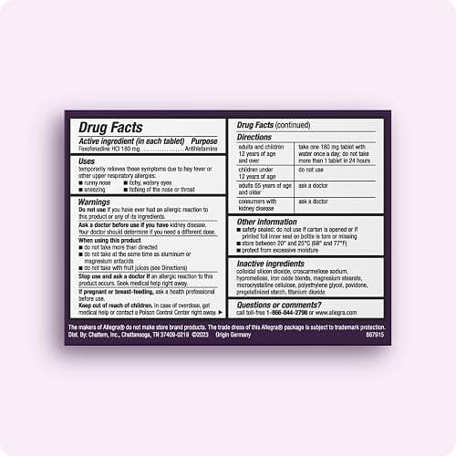 Allegra Adult 24-Hour Allergy Relief Tablets, Non-Drowsy Indoor and Outdoor Allergy Medicine, 180 mg Fexofenadine HCI Antihistamine Pill, 100-Count thumbnail 2