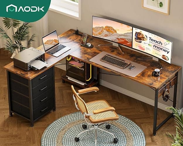 AODK L Shaped Desk with 4 Tier Drawers, 61" Reversible Gaming Desk with Power Outlets, L Shaped Computer Table with USB Charging Port and Host Stand, Home Office Table, Easy to Assemble, Vintage thumbnail 8