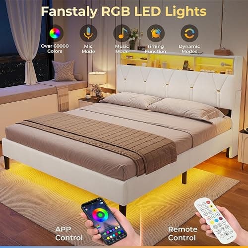 LED Full Bed Frame with Type-C & USB Charging Station, Full Size Bed Frame with Storage Headboard, Modern Velvet Upholstered Platform Bed with Shelf Headboard, Noise-Free, Creamy White thumbnail 4