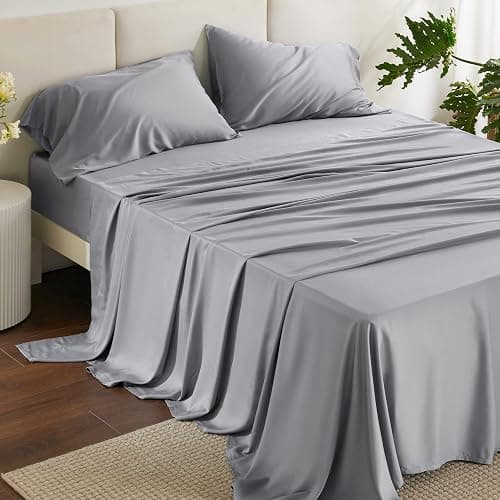 Bedsure Queen Sheet Set, Rayon Derived from Bamboo, Cooling Sheets, Deep Pocket Up to 16", PureWoven, Breathable & Soft, Hotel Luxury Silky Bedding for Hot Sleepers, Silver Grey - Image 1