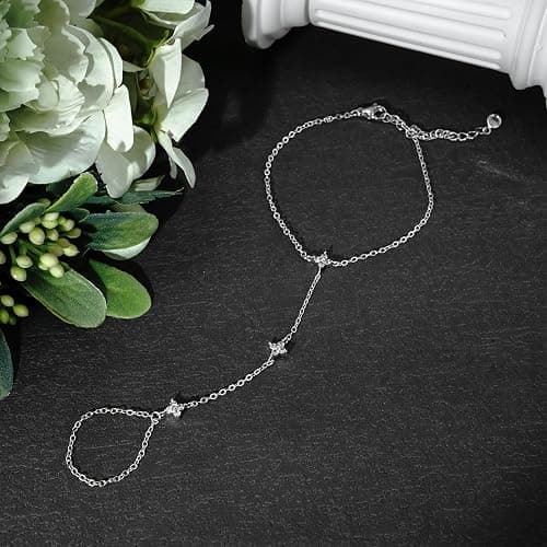 Bheop Bracelets for Women 14K Gold Silver Plated Ring Bracelet Hand Chain Dainty Evil Eye Heart Clover Daisy Cubic Zirconia Stackable Link Chain Hypoallergenic Body Jewelry Cute Trendy Gifts thumbnail 7