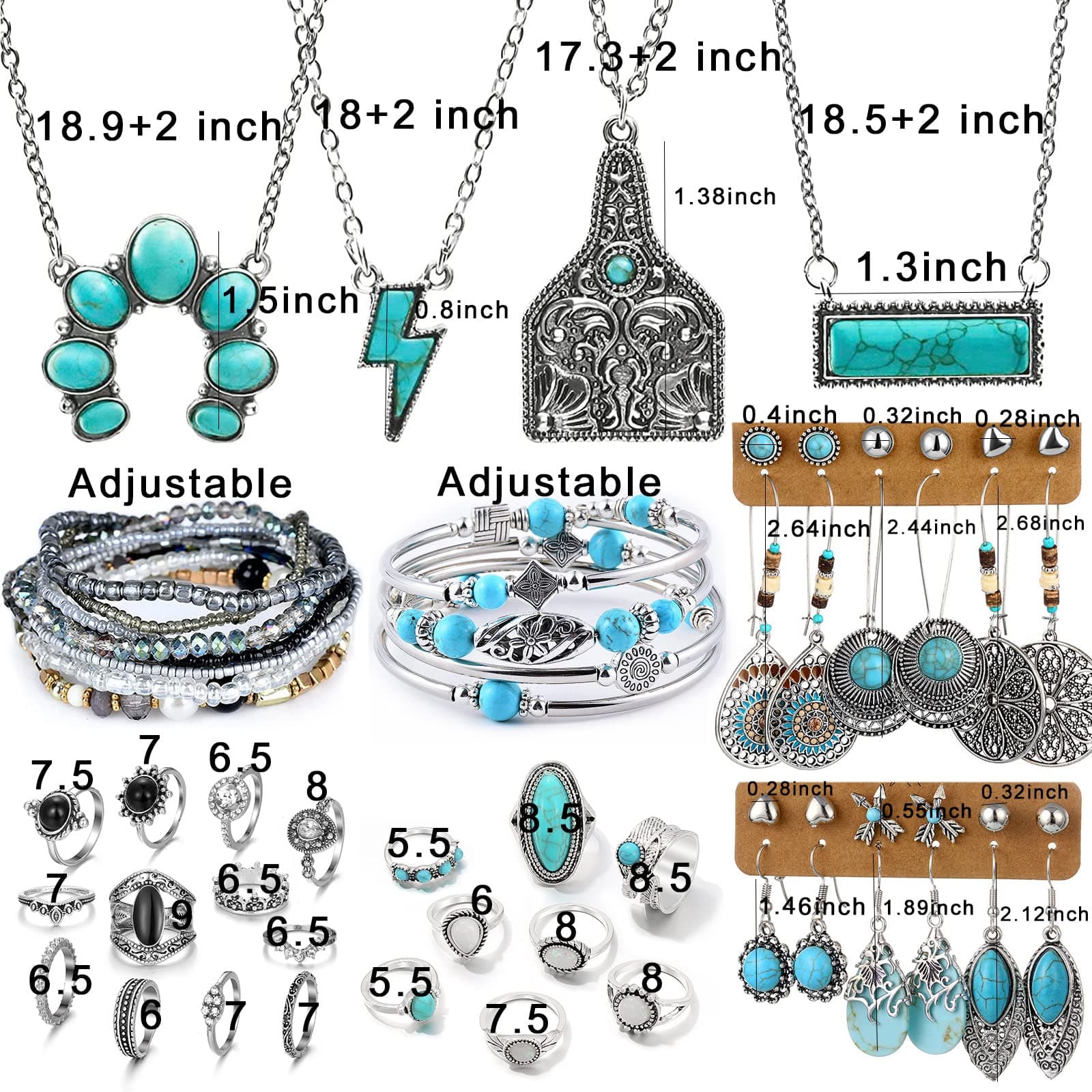 IFKM Bohemian Jewelry Set With Turquoise Necklace, Dangle Earrings, Stackable Bangle Bracelets, Knuckle Rings For Women Vintage Western Boho Turquoise Anniversary Birthday Friendship Gift thumbnail 8