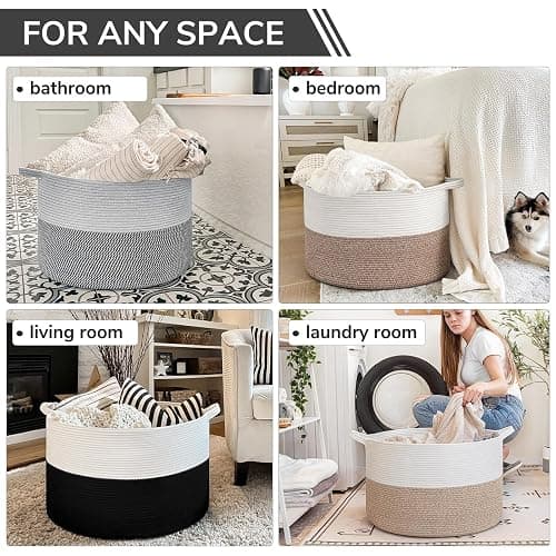 INDRESSME Large Cotton Rope Baskets for Storage, 21.7 x 13.8 Blanket Storage for Living Room Toy Baskets Kids, Baby Laundry Basket for Dirty Clothes, Pillows, 90L White & Black - White & Black - 21.7"D x 13.8"H thumbnail 5