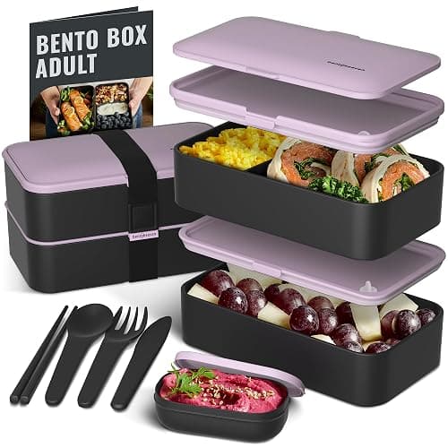 Bentoheaven Premium Bento Box Adult Lunch Box with Compartments for Women & Men, Set of Utensil & Chopsticks & Dip Container, Cute Japanese Kids Bento Lunch Box, Microwavable (Violet Me Go) - Image 1