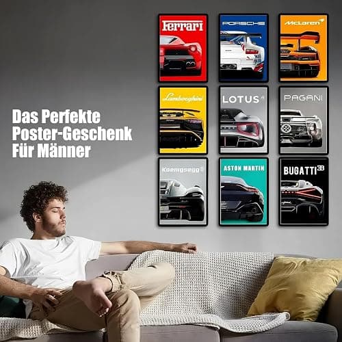 9 Stück Auto Posters, Supercar Poster, Supersportwagen Wall Art für Jungen und Männer, Schlafzimmer, Rennwagen-Wandkunst für Büro Wohnzimmer, Wohnzimmer, Geschenk für Autoliebhaber, Jugendliche thumbnail 3