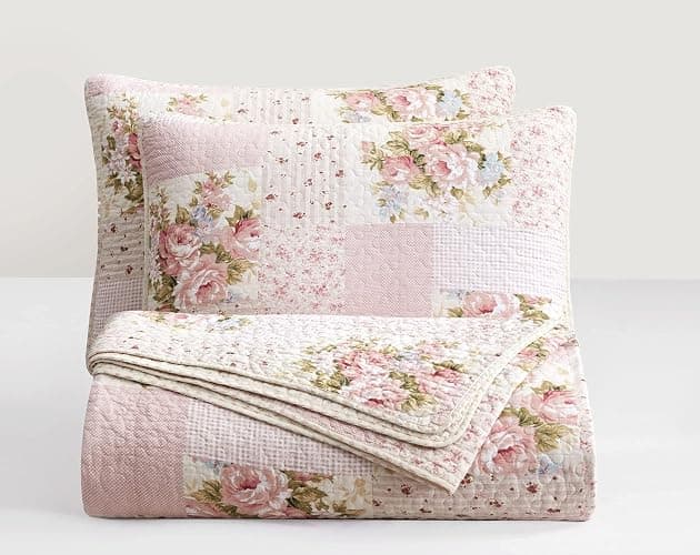 Chezmoi Collection Rosy 3-Piece Printed Patchwork Cotton Quilt Set, Full Size - Pink Flower Floral Striped Polka Dots - Stone Washed Lightweight Bedspread - Image 1