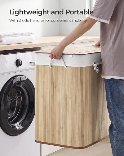 SONGMICS Laundry Basket with Lid, 150 L Bamboo, 3 Compartments | Laundry Hamper, Foldable, Removable and Machine Washable Liner Bag, for Laundry Room, Natural, RONEX Collection LCB091N01 thumbnail 11