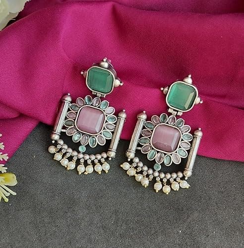 Efulgenz Oxidized Jewelry Boho Antique Oxidized Indian Earrings for Women Multicolor Crystal Faux Pearl Earrings Floral Dangle Earrings Set Indian Oxidized Jewelry Dangle Earrings Bohemian Statement Jewelry for Women thumbnail 2