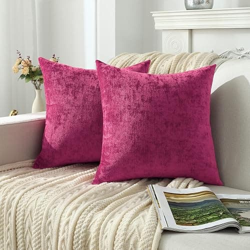 Jeneoo Decorative Fuschia Pink Throw Pillow Covers Rustic Farmhouse Super Soft Square Chenille Comfy Solid Cushion Couch Cases for Sofa Bedroom Chair (Set of 2, 18 x 18 Inches) thumbnail 2