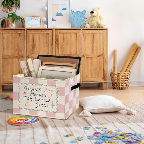 Girls Nursery Blessing Storage Bins Box Foldable Basket for Organizing | girls room collapsible storage bins box with handles, motivational checkered basket organizer for bedroom playroom, 10x14 in thumbnail 6