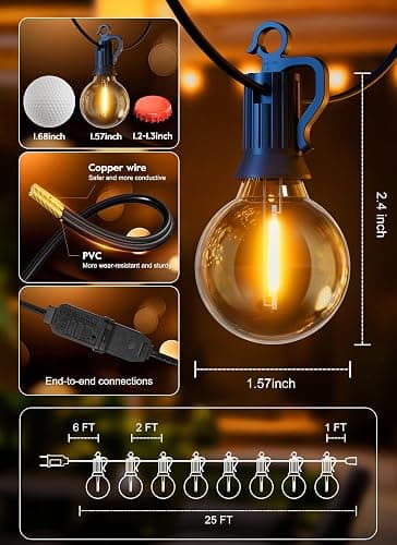 Brightown Outdoor String Lights, 25FT 12 G40 Bulbs Shatterproof Patio Lights, IP65 Waterproof Dimmable Hanging Connectable Globe LED Outdoor Lights for Backyard, Bistro, Porch, Deck, Balcony thumbnail 6