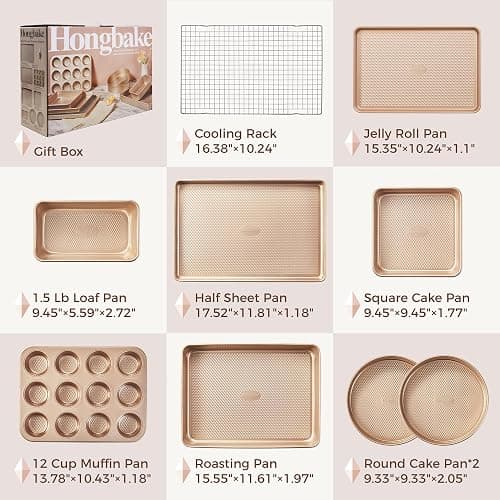 HONGBAKE 9-Piece Baking Pans Set Nonstick, Stackable Non Toxic Bakeware Sets with Diamond Texture, Oven Pan Set for Cooking, Includes Cookie Sheet with Rack, Cake Pan, Roasting Pan, Muffin Tin, Gold thumbnail 6