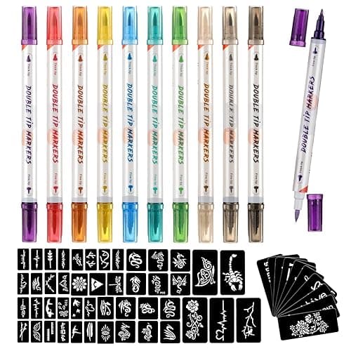HAWINK Temporary Tattoo Markers for Skin, 10 Body Markers + 56 Large Tattoo Stencils, Dual-End Tattoo Pens Make Bold and Fine Lines ZYH2208001KIT - Image 1