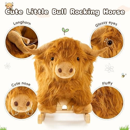 Baby Rocking Horse,Highlander Cattle Wooden Rocking Horse for Toddlers 1 Year Old Cute Cow Stuffed Plush Ride-on Toy Rocking Animal for Baby Boys and Girls Nursery/Child Christmas or Birthday Gift thumbnail 6