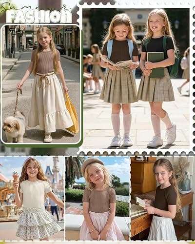 Oakgarden 4 Pack Girls T Shirts 5-14 Years Short Sleeve Ribbed Tops Crew Neck Slim Fit Summer Casual Cute Basic Tees for Kids thumbnail 5