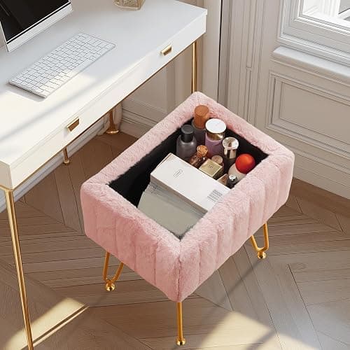 Sweetcrispy Vanity Stool Chair with Storage, 18.9”H x 16”L x 12.2”W Ottoman Chair Faux Fur Soft Padded Makeup Footstools Seat with 4 Metal Legs Anti-Slip Adjustable Feet for Make Up, Pastel-Pink thumbnail 2