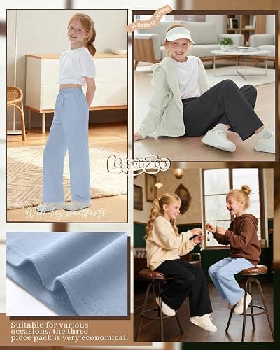 LessonZoo 3 Pack Girls Sweatpants Straight Leg Ribbed Waist Active Joggers Teens Athletic Pants with Drawstring and Pockets thumbnail 2