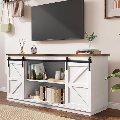 YESHOMY Farmhouse TV Stand for Televisions up to 65 Inches, Sliding Barn Doors and Storage Cabinets, Console Table and Media Furniture for Living Room, 58 Inch, Milk White thumbnail 4