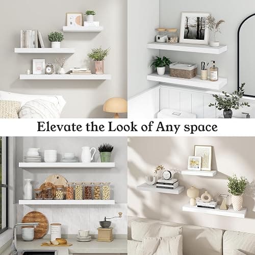 Ornawit 24" White Floating Shelves Wood Wall Shelf, White Color, Set of 2 | Wall Mounted Wood Shelves, For Bathroom, Bedroom, Living Room, Kitchen, Hanging Shelf for Books/Storage/Room Décor thumbnail 6