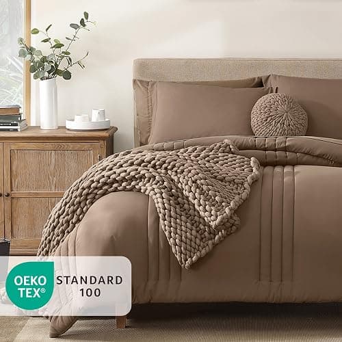 Monbix Queen Comforter Set - 7 Pieces Raw Umber Bed in a Bag Queen Bedding Sets with Comforters, All Seasons Comforter Bed Set with Sheets, Pillowcases & Shams thumbnail 2