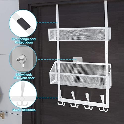 Kaiferty Over The Door Hooks Organizer, Door Hanger Towel Rack Mesh Basket with 12 Hooks,Over The Door Storage Coat Hooks Behind Door Organizer for Bathroom,Bedroom,Kitchen,Office (White, 3-Tier) thumbnail 6